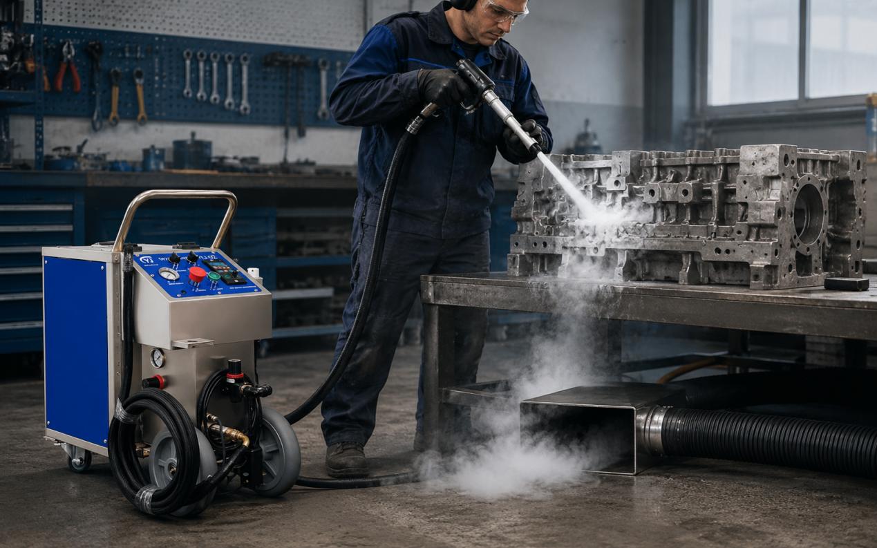 YJ-02 dry ice blasting machine cleaning an industrial mold with low-level exhaust ventilation to control CO₂ buildup YJ-02 dry ice blasting machine cleaning an industrial mold with low-level exhaust ventilation to control CO₂ buildup